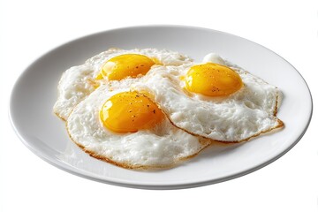 Three fried eggs on a white plate.  Golden yolks, browned whites.  Freshly cooked