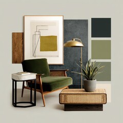 Modern living room vignette showcasing a neutral color palette with wood,  green velvet, and brass accents
