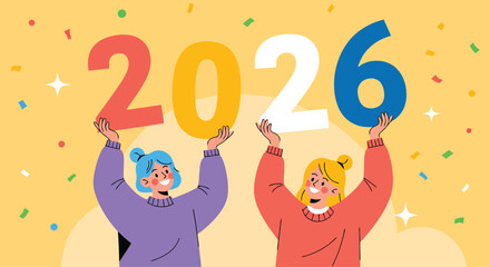 Two happy women holding 2026 numbers for new year celebration concept