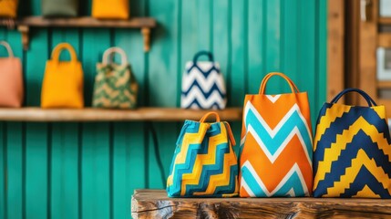 Colorful Handmade Fabric Bags and Pouches Arranged Creatively on a Wooden Table Against a Vibrant Background