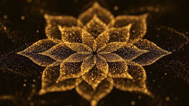 Abstract gold shining particles slowly bloom and expand in a luxurious seamlessly looping floral pattern glamour, sophisticated, modern