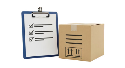 Isolated Delivery checklist for box with checked items, paperwork, inventory control, shipping