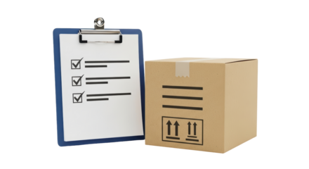 Isolated Delivery checklist for box with checked items, paperwork, inventory control, shipping
