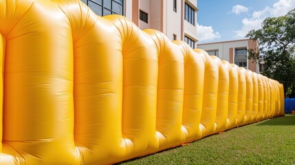 Bright Yellow Inflatable Flood Barriers Installed Around School for Emergency Protection and Safety Awareness