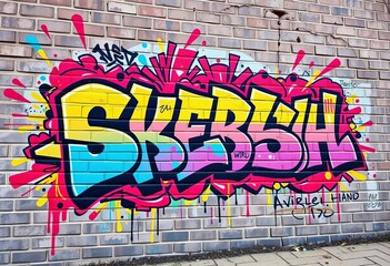 Vibrant graffiti art explodes across a brick wall, showcasing bold hues and audacious lettering, background, texture