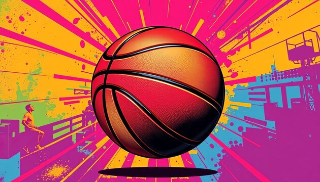 Vibrant pop art basketball with bold lines and color blocks, colorful, sport