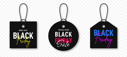 Black Friday sale tags. Hanging badges and price tags with Black Friday text. Black Friday promotional banners, discount labels collection. Vector
