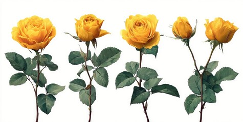 Four vibrant yellow roses with green leaves on white background
