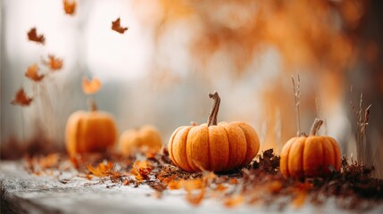 A serene autumn scene featuring vibrant orange pumpkins surrounded by fallen leaves, capturing the essence of fall's beauty.