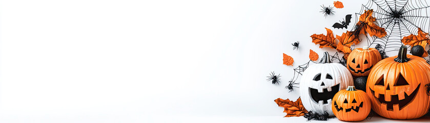 Spooky Halloween decorations with pumpkins, spiders, and leaves create festive . vibrant orange and black colors enhance seasonal spirit