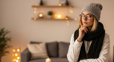 Thoughtful woman in winter clothes feeling cold inside her home. Pensive person wearing a beanie and scarf indoors. Home heating and energy cost concept. Copy space