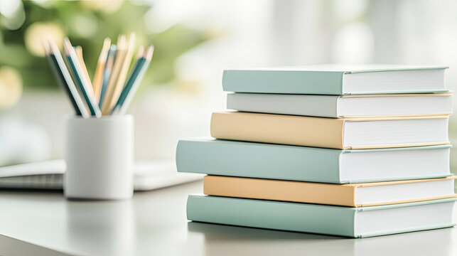 Stacked notebooks in soft colors on desk, with pencil holder in background. scene conveys sense of organization and creativity, perfect for study or work environments