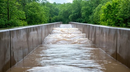 Overflowing Water Channel with Green Trees Surrounding the Flooded Pathway After Heavy Rainfall Event