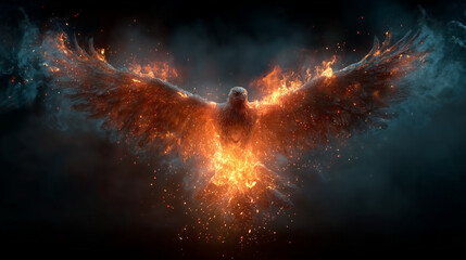 Epic background , Powerful of fire phoenix rising from fire, wings burning with flames, smoke trails surrounding its body.