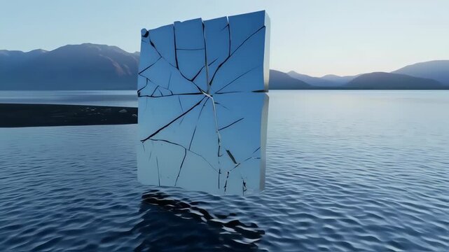 A shattered rectangle of reflective blue glass floats on a calm lake, framed by distant mountains