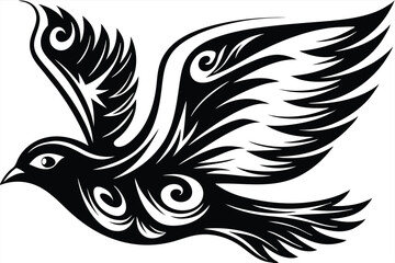 Fototapeta premium Ornate black bird silhouette soars upward, its wings filled with intricate, tribalstyle patterns