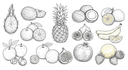 Hand Drawn Sketch Fruits Vector Illustration with Tropical and Natural Fruits Including Dragon Fruit, Pineapple, Coconut, Citrus, Banana, Fig, Apple, Grape, Lemon, Pomegranate, and Strawberry