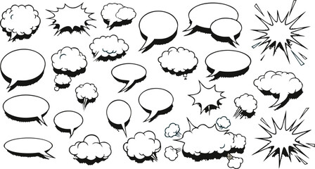 Dynamic Collection of Comic Book Style Speech Bubbles, Thought Clouds, and Explosive Graphic Elements for Communication and Design Projects