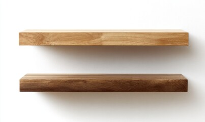 Two light wood shelves mounted on a white wall