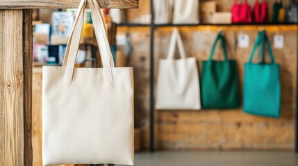 Eco-Friendly Handmade Tote Bag in a Cozy Boutique Setting with Colorful Backdrop