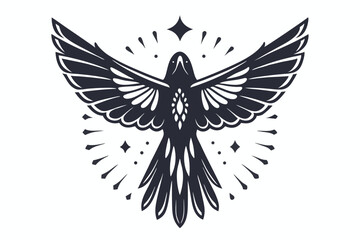 Obraz premium Stylized dark raven flies with spread wings over white background, exuding celestial vibes