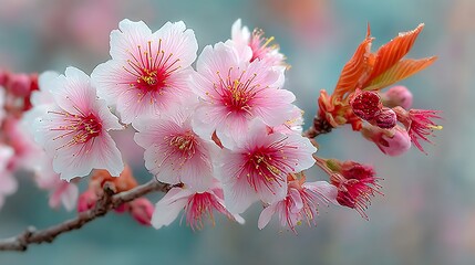 Vibrant cherry blossom branch with fresh leaves high resolution picture