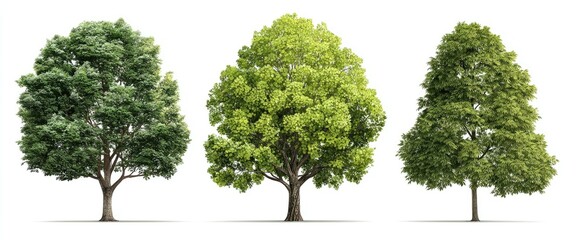 Three full trees, varying shades of green, isolated on white