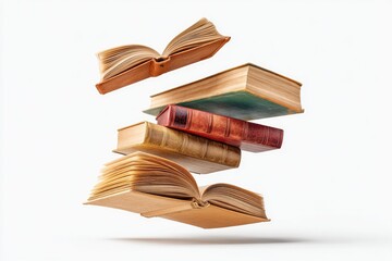 Naklejka premium Stacked vintage books, open and closed, levitating