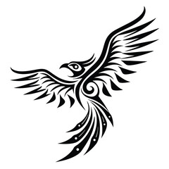 Stylized phoenix soars with spread wings, a bold monochrome emblem with detailed tribal patterns
