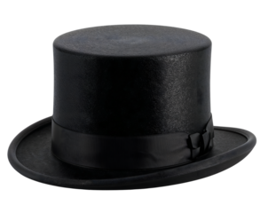 Classic black top hat with satin ribbon isolated on the transparent background for formal events, fashion, and costume design
