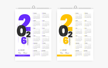 2026 One page wall calendar design template, modern 12 month one page calendar