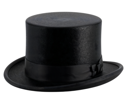 Classic black top hat with satin ribbon isolated on the transparent background for formal events, fashion, and costume design