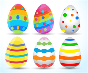 A collection of six brightly colored decorated Easter eggs.