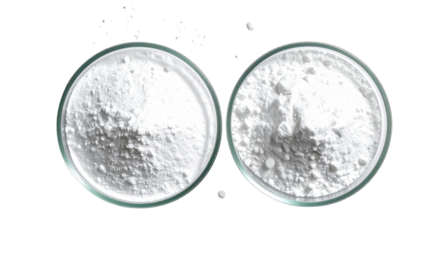 Two clear glass dishes holding white powder