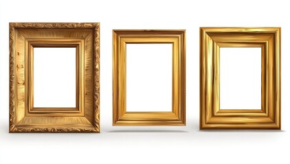 Three antique-style gold picture frames against a white background.  Each frame is rectangular and has a detailed, ornate gold-colored wooden border.  They are spaced apart