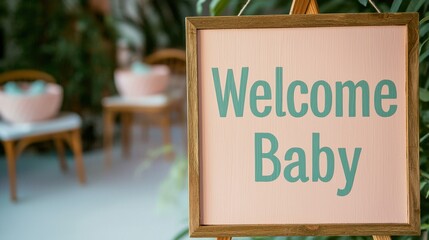 Charming Wooden Sign Painted in Pastel Colors Welcoming Baby in a Serene Setting