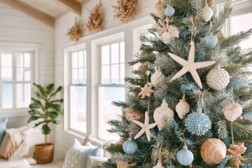 Coastal-themed Christmas tree in bright beachside living room with seashell decor. Beach-themed Christmas tree decorated with seashell ornaments, starfish, soft blue and sandy beige colors