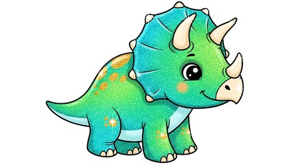 A cheerful, cartoon triceratops, rendered with vibrant teal and green glitter, presents a playful, kid-friendly design.
