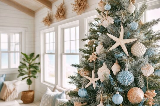 Coastal-themed Christmas tree in bright beachside living room with seashell decor. Beach-themed Christmas tree decorated with seashell ornaments, starfish, soft blue and sandy beige colors