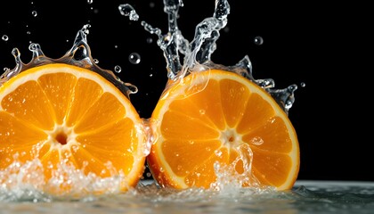Refreshing Citrus Splash Two Orange Halves in Water Against Black Backdrop