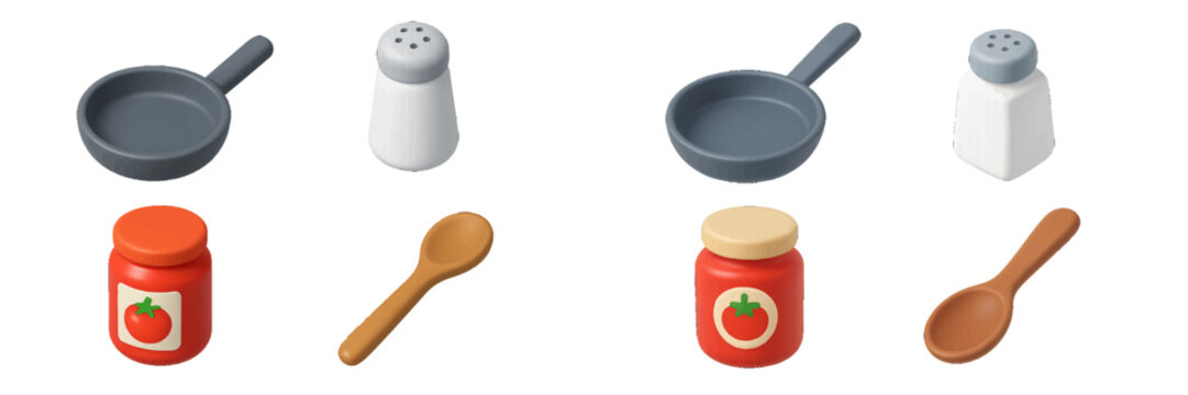 Miniature kitchen utensils and condiments arranged on a white background showcasing a playful cooking theme - Powered by Adobe