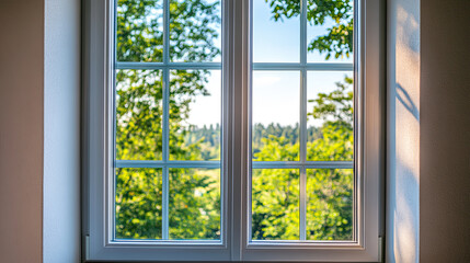 Bright window view with lush green trees outside, nature beauty and light into room. perfect blend of indoor comfort and outdoor scenery