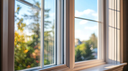 Bright window view with trees and blue sky outside, creating refreshing . sunlight casts gentle shadows, enhancing environment