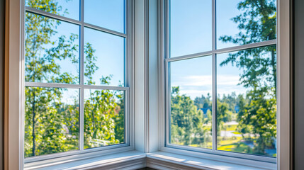 Bright and airy view from window, lush greenery and clear skies. sunlight illuminates interior, creating refreshing