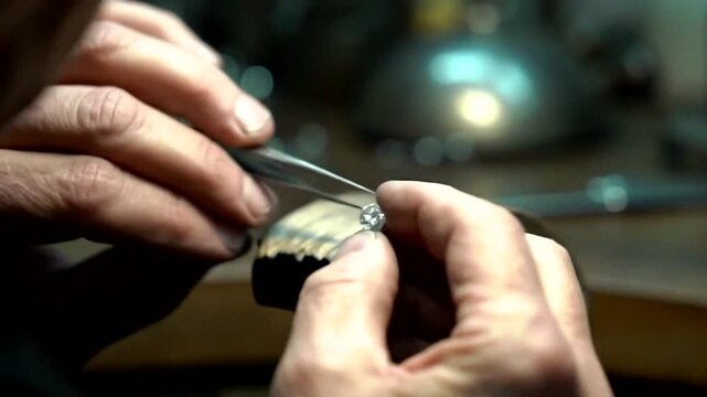 An artisan meticulously setting a gemstone, showcasing precise craftsmanship and dedication to detail in jewelry making.