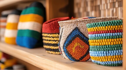 Colorful Artisan Jewelry and Beaded Crafts Displayed on Shelves with Intricate Designs and Patterns