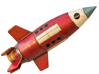 Vintage red rocket ship with fins isolated on transparent background