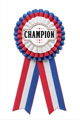 A rosette-style award ribbon, red, white, and blue