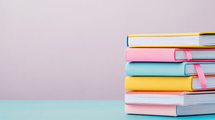 Fototapeta premium Colorful stack of textbooks on pastel background, perfect for study or organization. vibrant colors add cheerful touch to any workspace