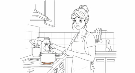 Stressed woman in kitchen cooking with pot on stove showing stress. Overwhelmed woman in kitchen, feeling the pressures of daily life with visible exhaustion and dark circles, depicts stress.